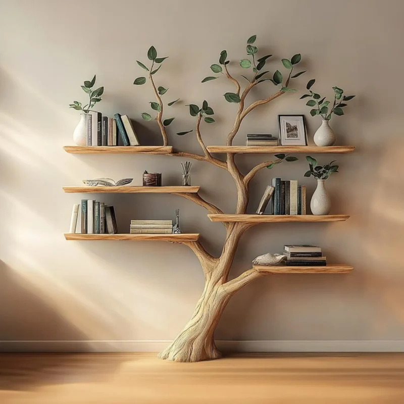 Natural Solid Wood Tree Corner Wall Bookshelf