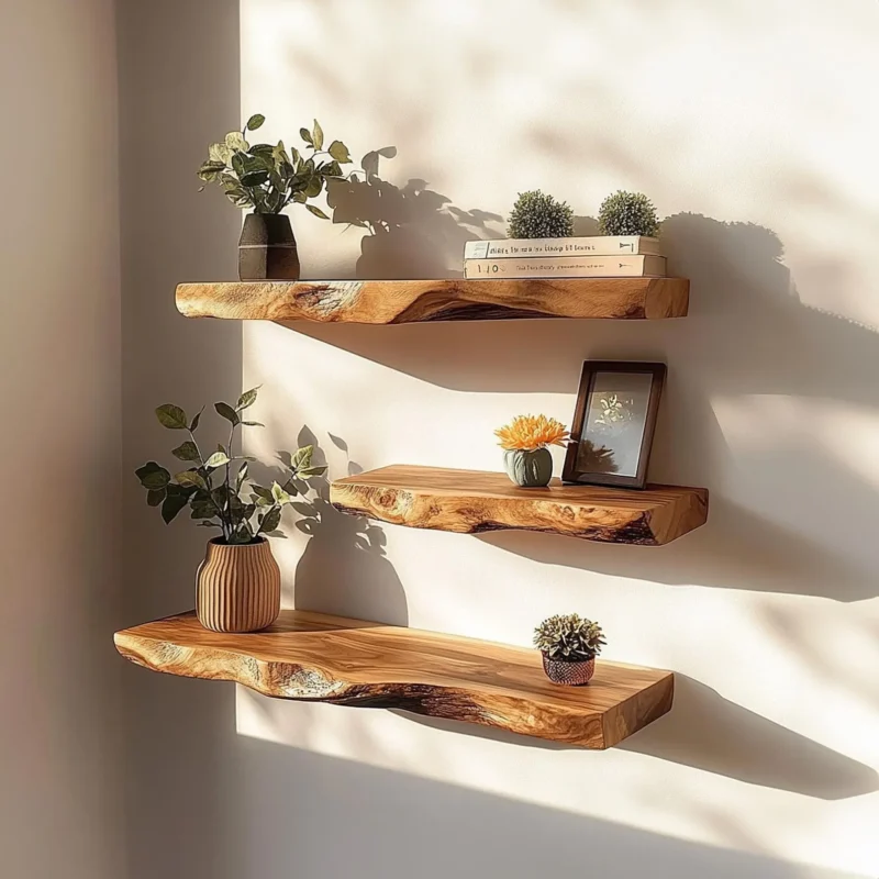 Live Edge Corner Floating Wooden Wall Shelf Set