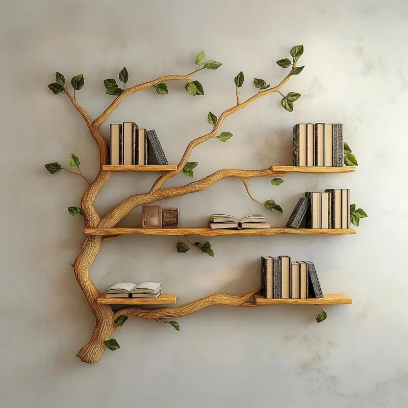 Driftwood Branch Wall Mounted Tree Book Shelf